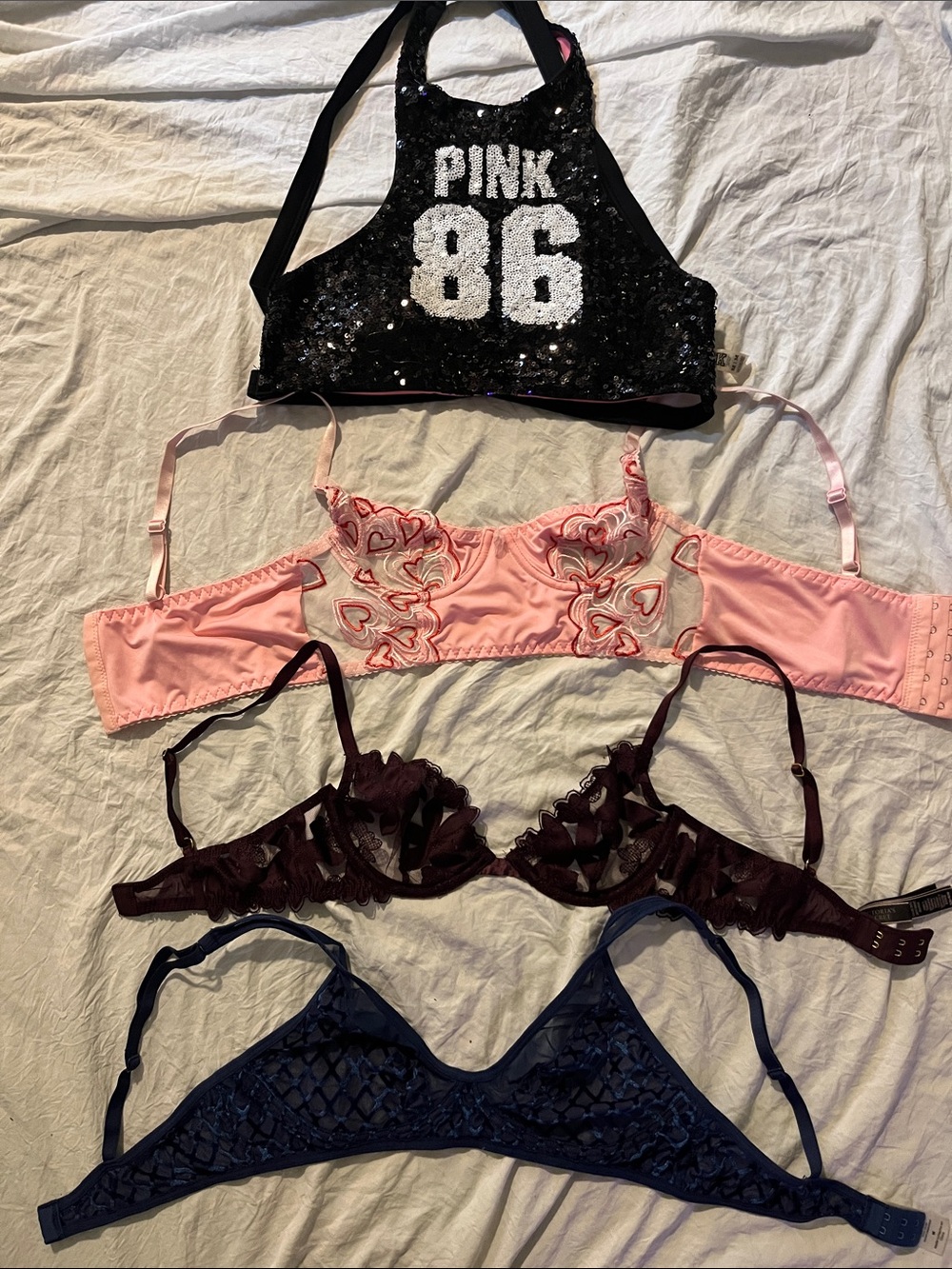 PINK Victoria's Secret Black Sequin Halter Crop Top & Pink Embroidered Bra Set